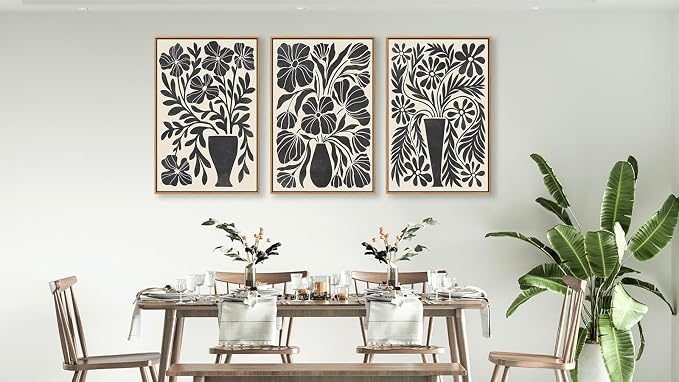 arteWOODS Botanical Framed Wall Art - Neutral Abstract Pictures Vintage Boho Floral Wall Decor Black Beige Minimalist Prints Aesthetic Vase Flowers Painting Artwork 24" x 36" Set of 3 Natural Framed