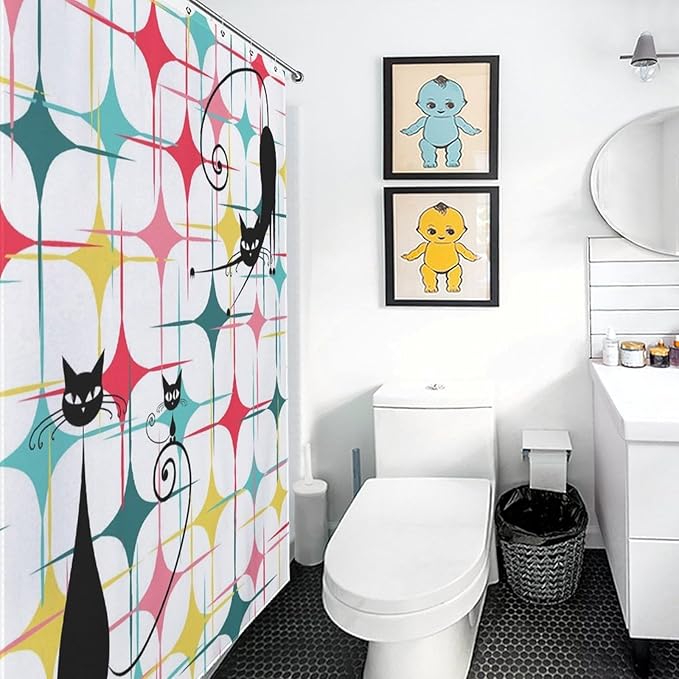 Mid Century Black Cat Shower Curtain,Retro Atomic Stars Abstract Iconic 60s Vintage Geometric Fabric Bathroom Decor Curtain with Hooks 66x72in（168x183cm）