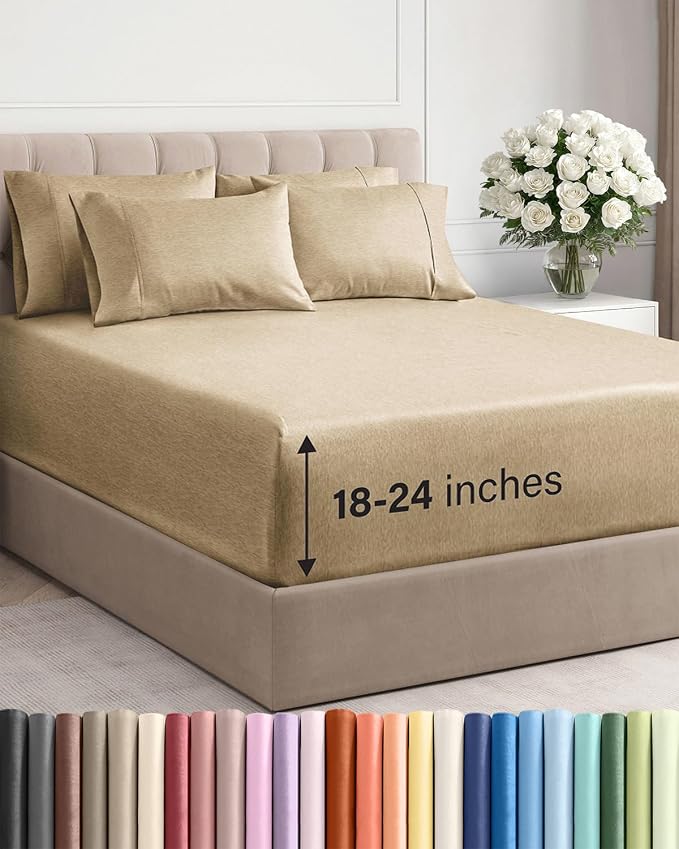 Extra Deep King Sheet Set - 6 Piece Breathable and Cooling Sheets - Hotel Luxury Bedding for Women, Men, Kids & Teens - Easy & Secure Fit - Soft and Wrinkle Free - Extra Deep Pockets - Heathered Tan