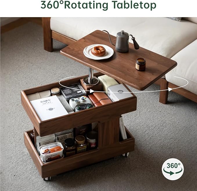 100% Solid Wood Lift Top Coffee Table with Storage, Small Coffee Table with Wheels and Rotating Desktop, Living Room Table for Bedroom, Recliner and Small Places(Walnut, No Need to Install)