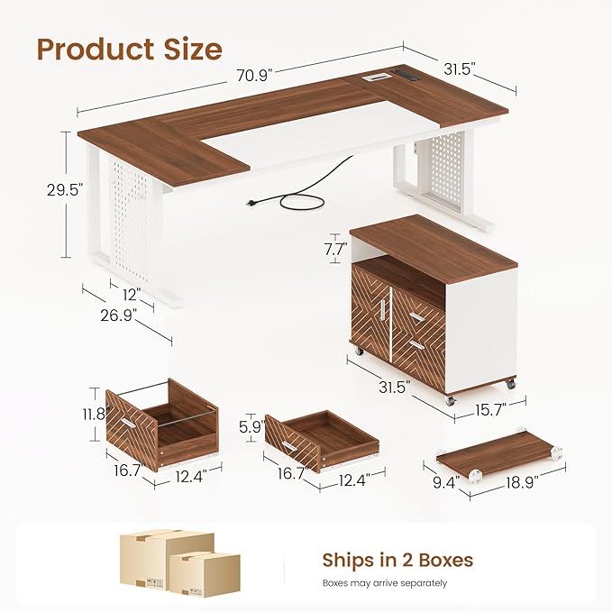 SEDETA 71" Executive Desk with Rolling File Cabinet, Large Office Desk with Drawers, L Shaped Computer Desk with Power Outlets, CPU Stand, Pegboard and Storage Shelves, White