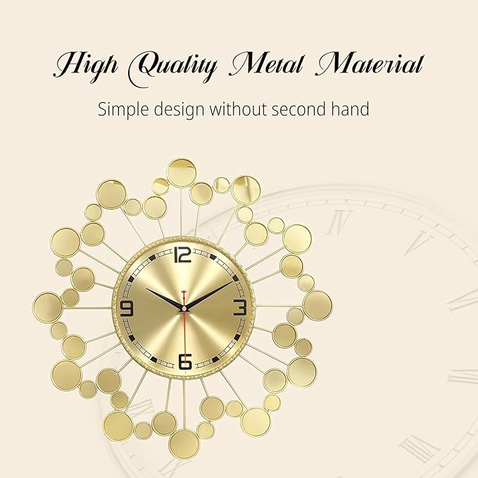 Mid Century Modern Gold Silent Wall Clock Non Ticking for Living Room, 23 inch Decorative Round Black Clock for Wall, Unique Metal Fancy Clock Wall Decor for Bedroom Entryway