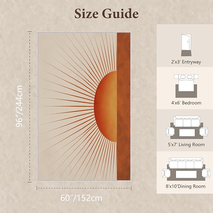 Sunburst Area Rug 5x8, Retro Sun Design Rug, Mid Century Modern Carpet for Living Room Bedroom, Soft Non Slip Washable Area Rug