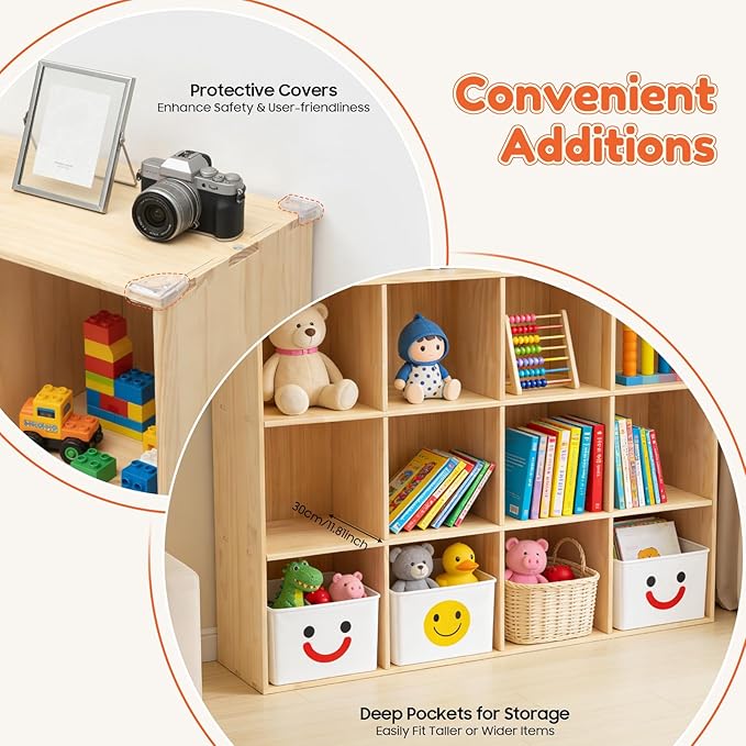 12-Cube Pine Wood Storage Organizer, Solid Wooden Bookshelf with Back Panel, 11in Shelf Opening Bookcase, Freestanding for Living Room, Bedroom, Office (47.2 x 11.8 x 35.4in)