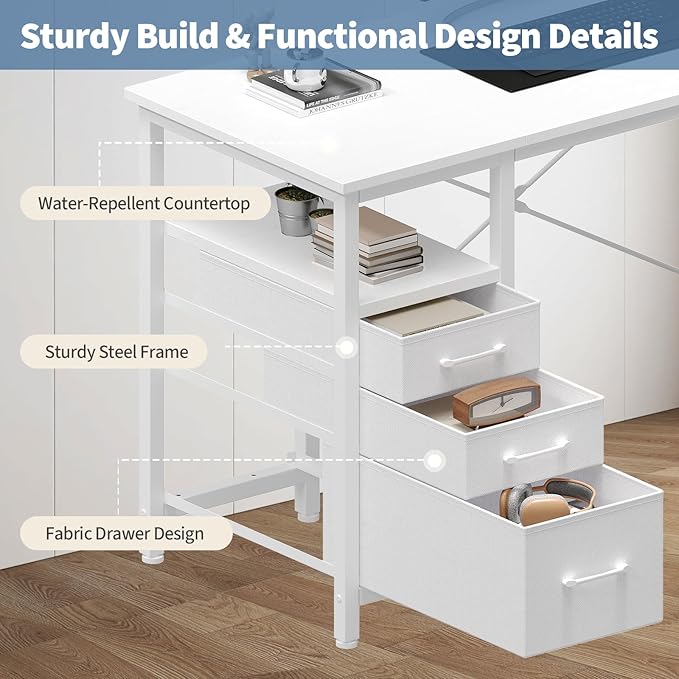 DUMOS 39" Computer Desk with Storage, Small Home Office Desk with 3 Fabric Drawers & Side Pocket, Space Saving Writing Desk for Apartment, Dorm, Gaming Workstation, White