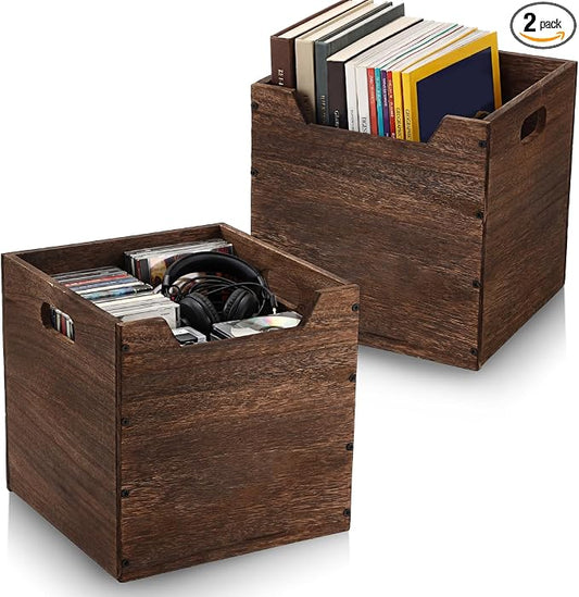 Colingmill 2 Pack Wooden Storage Box Bins Wood Crate with Open Front Stackable Cube Storage Organizer Bins for Books Records Home Pantry Clothes Toy Closet (11 Inch,Brown)