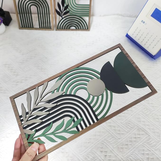 LB Modern Geometric Wall Art Set of 3, Boho Abstract Mid Century Wall Decor Wooden Framed, Green Striped Black Leaf Hanging Decoration for Living Room Bedroom Home Office, 11.8 x 5.9 inches