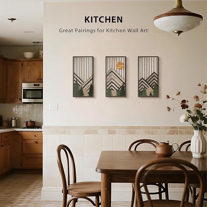 VIYYIEA Boho Solid Wood Carved Wall Art Set of 3, Geometric Minimalist Wooden Home Decor Panels, Handcrafted Solid Wood Wall Hanging for Living Room Bedroom Hallway, 16 x 8 Inch Each (Sunrise Green)