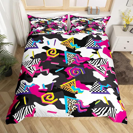 Camo Bedding Set Queen Size Red Camouflage Black and White Comforter Cover,Vintage 80s 90s Memphis Duvet Cover Mens Hipster Hip-Hop Geometric Quilt Cover Military Theme Room Decor