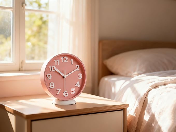 JENLYSTIME 8 Inch Vibrant Pink Modern Wall Clock – Silent Non-Ticking, Bold 3D Numbers, Precise Quartz Movement | Decorative Desk & Wall Clock with Stand for Home, Kitchen, Bedroom, or Office