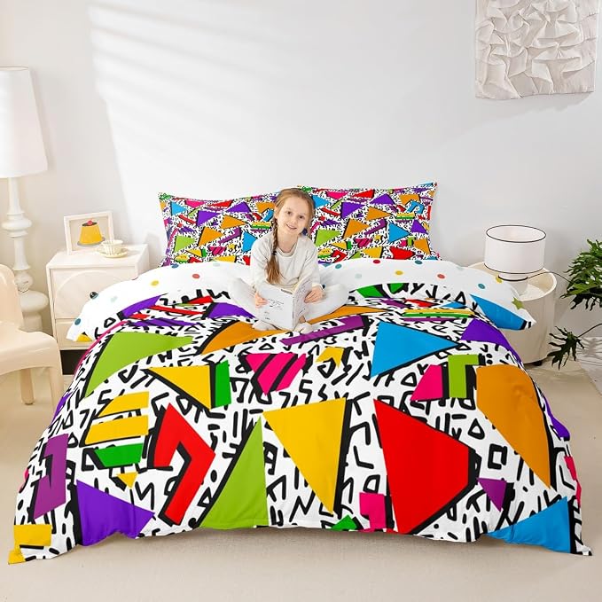80s 90S Fashion Style Bedding Set Queen Size,Retro Memphis Style Pattern with Geometrical Shapes Duvet Cover for Kids Child,Funky Hipster Old Fashioned Comforter Cover Geometric Bedroom Decor