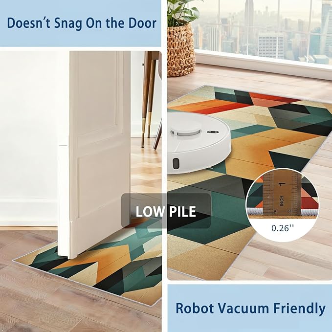 Geometric Rugs for Bedroom - Washable Mid Century Modern Rugs for Living Room - 7x7 ft - Abstract MCM Design Area Rug & Home Decor - Retro Indoor Carpet with Non Slip Backing