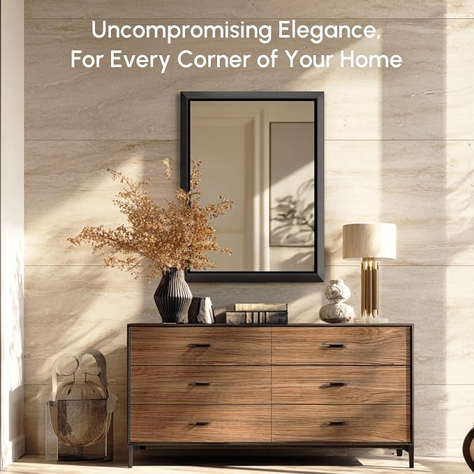 USHOWER 24x32 Inch Floating Bathroom Mirror - Brushed Black Wall Mirror for Over Sink, Beveled Aluminum Frame, Anti-Rust, Rectangular HD Reflection Small Vanity Mirror(Copper-Free Silver Coating)