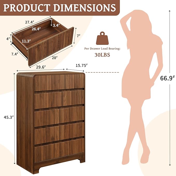 BERRYMERRY 5 Drawer Dresser for Bedroom,Flute 45" Tall Dresser with Curved Profile, Mid Century Modern Vertical Wood Drawer Organizer for Bedroom Living Room