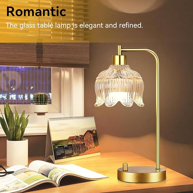 Glass Table Lamp Set of 2,Small Gold Bedside Lamps Dimmable Boho Bedroom Lamp with Tulip Flower Amber Lamp Shade,Vintage Mid Century Modern Mini Nightstand Lamp for Bedroom Living Room