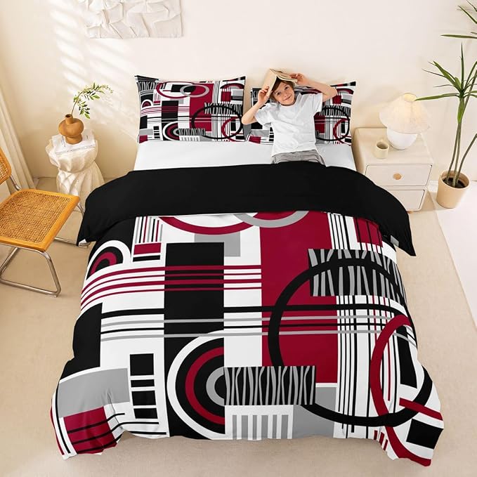 Erosebridal Art Deco Mid Century Duvet Cover Set Retro Modern Abstract Geometric King Bedding Set for Adult Men Black and White Burgundy Circles Stripes Comforter Cover Contemporary Bed Sets