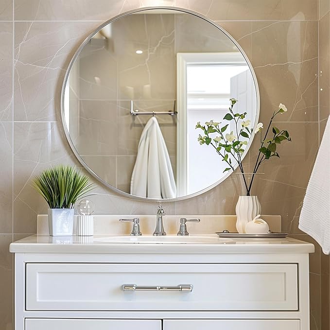 Sunniry Silver Round Mirror 26 inch, Silver Circle Mirror with Brushed Aluminum Frame, Circle Wall Mirrors for Bathroom, Living Room, Hallway, Bedroom.