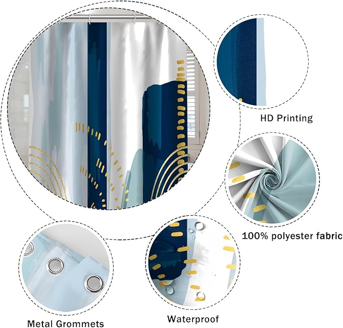 Boho Style Shower Curtain Watercolor Darkblue and Yellow Geometric Pattern Shower Curtains for Modern Abstract Bathroom Waterproof Fabric Decor Set with Hooks, 72W x 84H Inch
