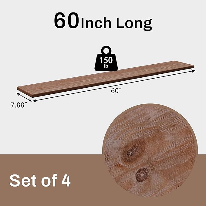 Rustic Wood Floating Shelves Set of 4, 60 Inches Wood Rustic Farmhouse Wall Shelves, Easy-to-Install Hanging Shelves for Living Room, Kitchen, and Bathroom, 150bs Capacity