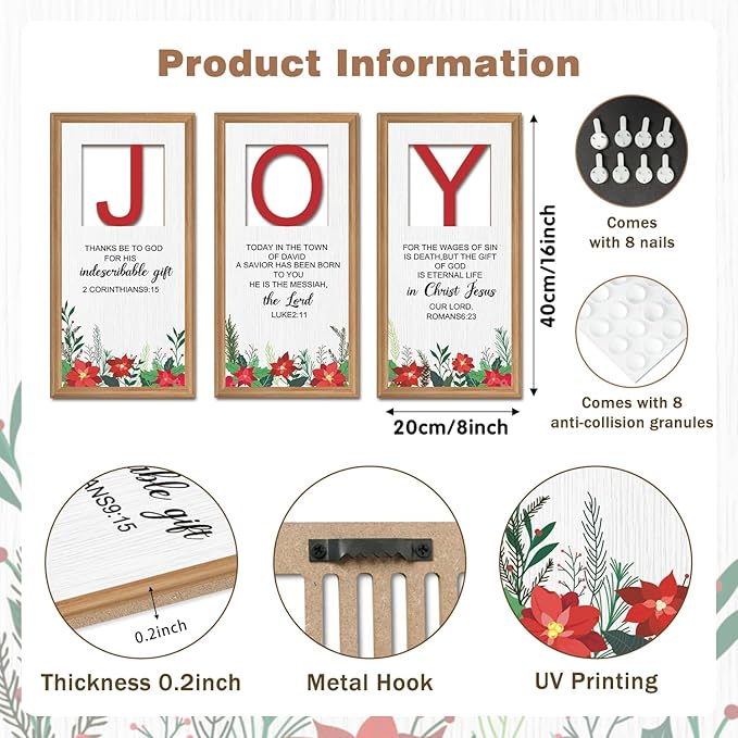 IARTTOP 3Pcs Christmas Christian Wall Art Set Religious Bible Verse Wall Decor Christian Jesus Artwork Scripture Quotes Art Prints for Church Prayer Bedroom Christmas Decor 8x16 Inch