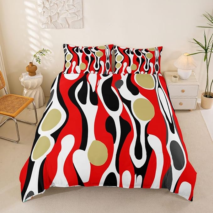 Erosebridal Mid Century Modern Abstract Duvet Cover Set Vintage Geometric King Bedding Set for Adult Men Contemporary Organic Shapes Comforter Cover Squiggle Blob Bed Sets,Red Beige