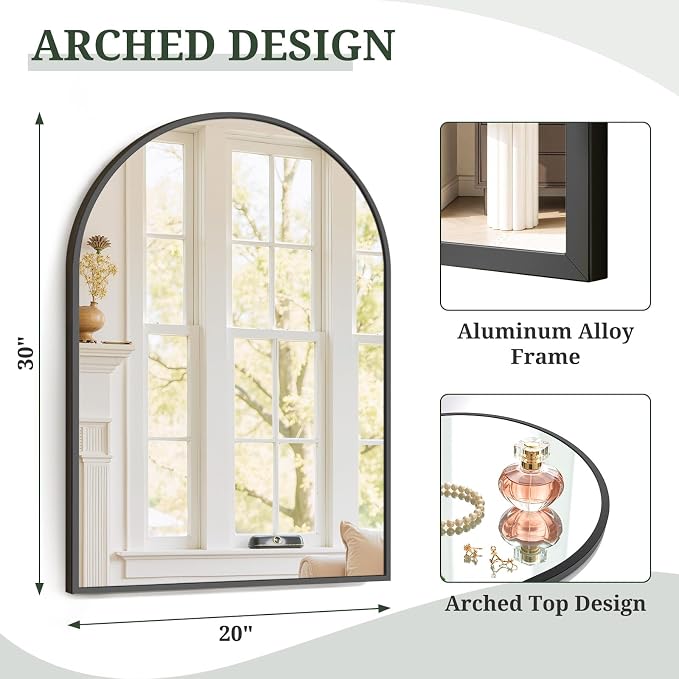 Arched Wall Mirror 30x20 Inch Black Bathroom Vanity Mirror with Metal Frame, Modern Arch Mirror for Bedroom, Living Room, Entryway, Wall Mounted Decorative Mirror