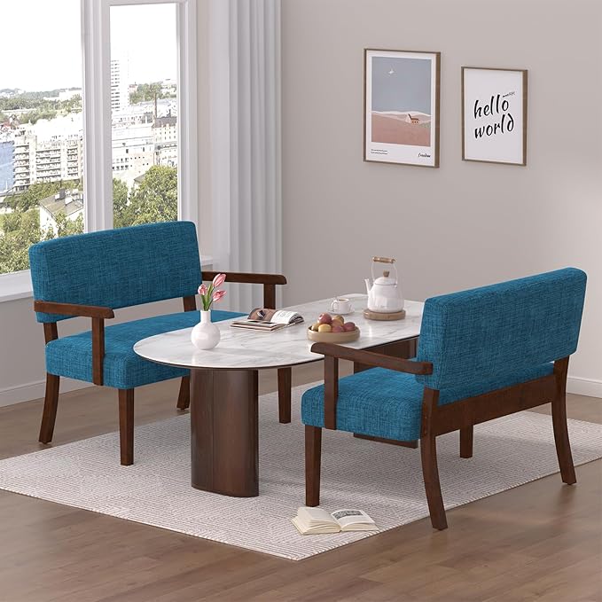 Accent Chair 2 Seat, Upholstered Reading Leisure Chair, Bench with Solid Wood Frame for Dining, Reading,Waiting Rooms (Blue)