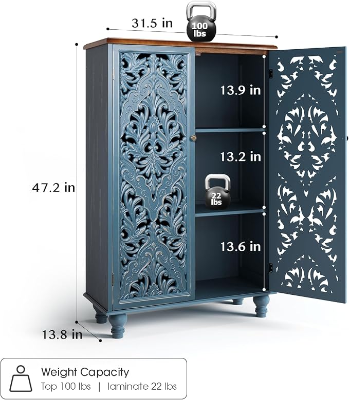 JOINICE 47" Tall Accent Cabinet with Doors and Shelves, Storage Cabinet with Solid Wood Legs for Living Room,Entryway,Dining Room,Bedroom(Blue & Walnut)
