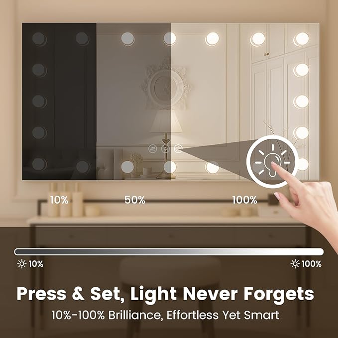 WTTY 60"x30" Hollywood Vanity Mirror with Lights, Wall-Mounted Makeup Mirror with 3 Color Temperatures, Stepless Dimmable Bulbs, Anti-Fog & Shatter-Proof