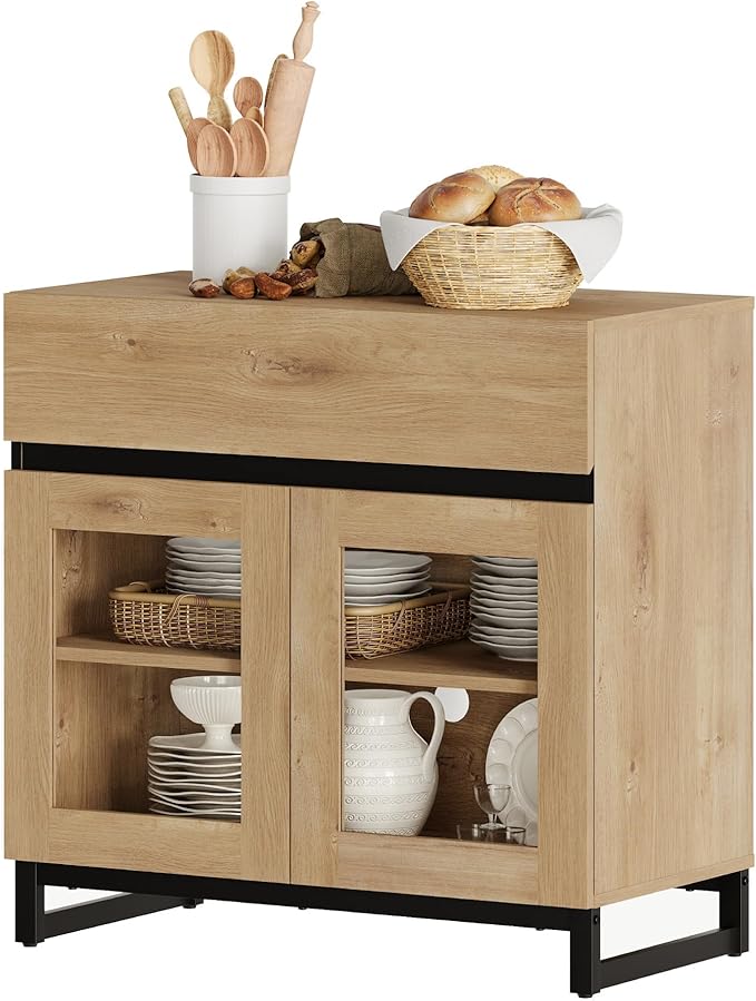 WAMPAT Sideboard Buffet Cabinets with Glass Doors and Drawer, Modern Sideboard Credenza with Adjustable Shelf, Coffee Bar Cabinet Storage Cabinet for Living Room, Kitchen, Oak