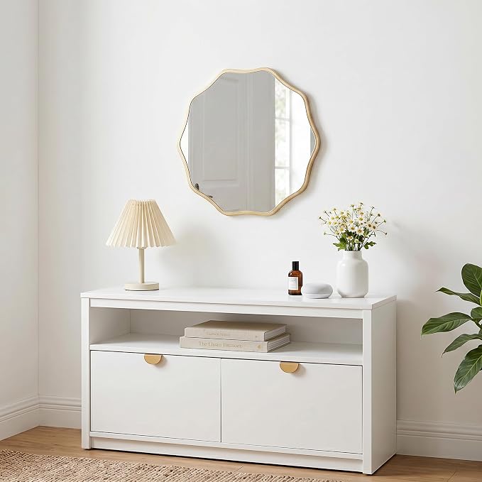 PERFNIQUE Gold Scalloped Mirror, 20'' Round Wall Mirrors Wavy Wood Framed for Bathroom Nursery Bedroom Living Room Entryway, Decorative Modern Wall Decor