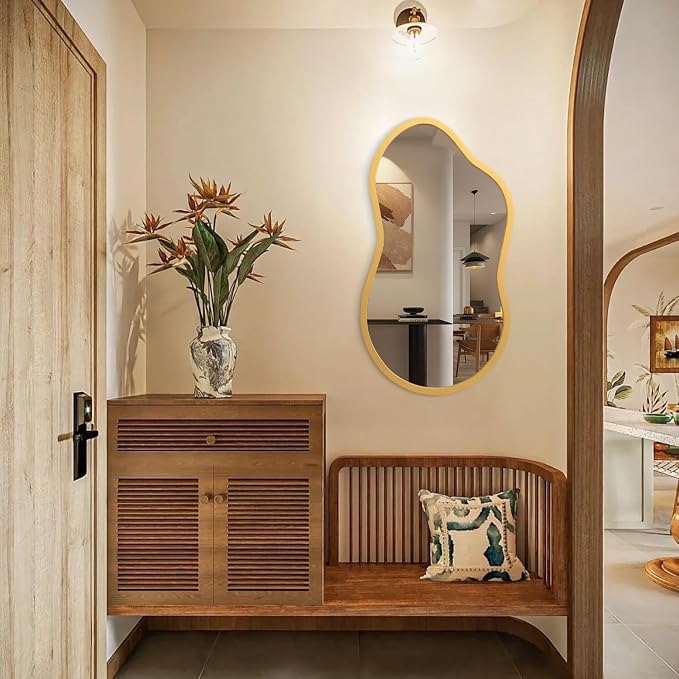 AAZZKANG Large Wall Mirror with Wood Framed 22"x12" Gold Irregular Hanging Mirrors Asymmetrical for Bathroom Bedroom Living Room Entryway