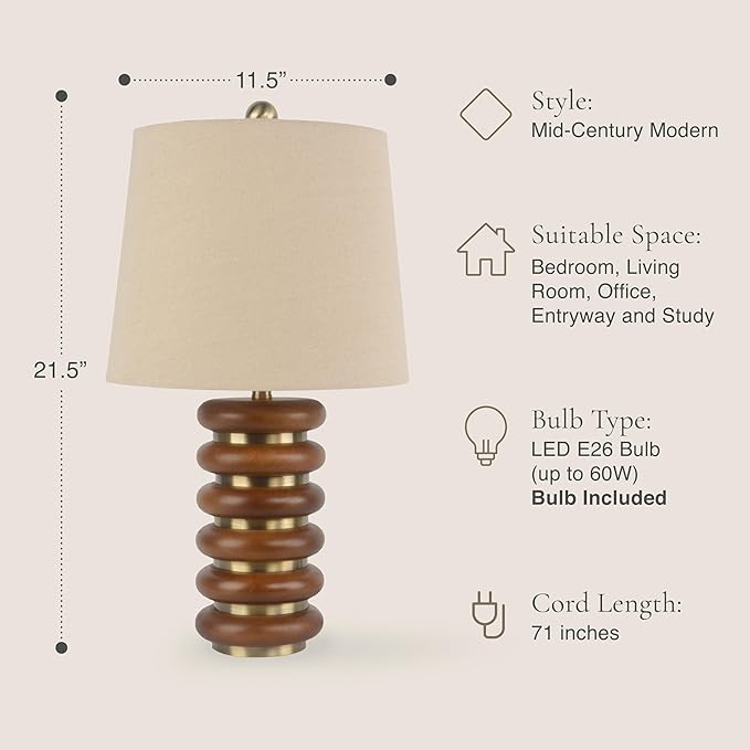 Abani Table Lamp Thalia Stacked Ring 21.5” – Mid-Century Modern Brown Wood Base with Wheat Linen Shade – E26 Bulb Included – Stylish Desk Lamp for Bedroom, Living Room, Dorm or Nightstand