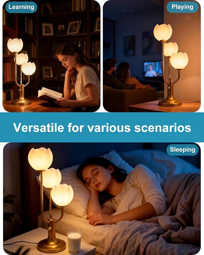 Lightdot Flower Table Lamp for Living Room Modern 3-Light Modern Mid Century Cute Desk Lamp 3000K Warmwhite Dimmable Bedside Nightstand Lamp for Bedroom Reading-Gold