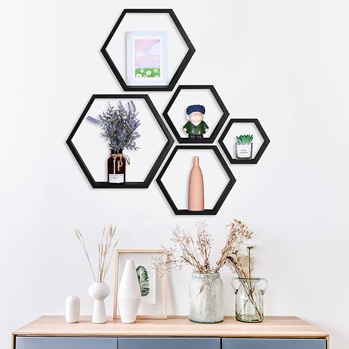 PHOENANCEE Hexagon Floating Shelves,Wall Mounted Wood Farmhouse Storage Honeycomb Shelf Set of 5,for Bathroom, Kitchen, Bedroom, Living Room,Office,Home Room Wall Decor Driftwood Finish
