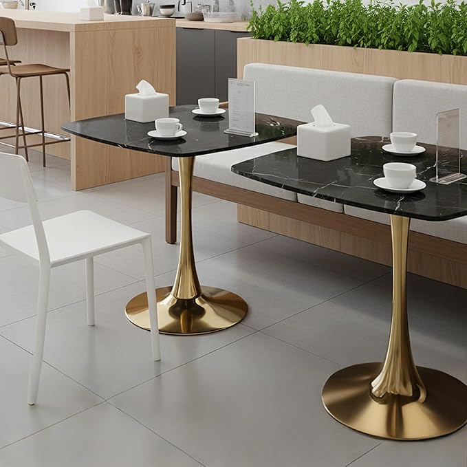 Square Dining Table,31.5" Tulip Table with Metal Pedestal,15-Minute Quick Assembly,Mid Century Modern Leisure Table for Kitchen Small Places Cafe (Faux Marble Black Gold)