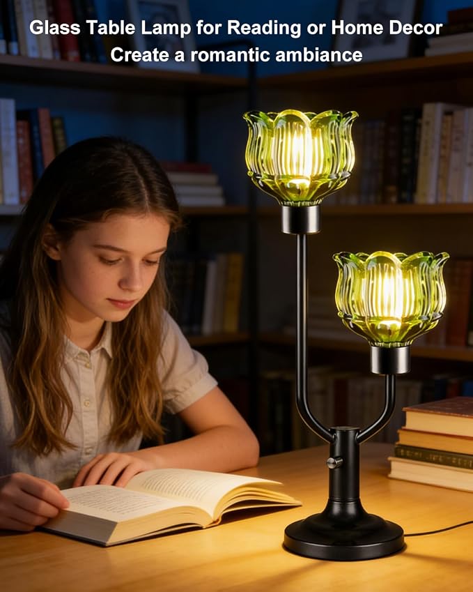 Lightdot Vintage Green Glass Table Lamp for Bedroom Dimmable Mid Century Modern Desk Lamp Black Flower Nightstand Lamp 2 Bulbs Included Warmwhite Ambient Bedside Lamp for Living Room Home Office Decor