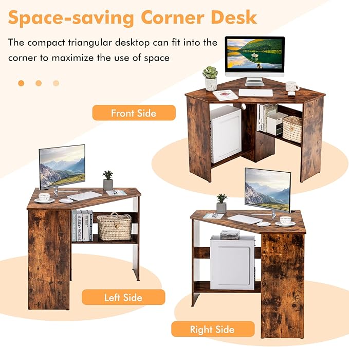 LDAILY Corner Desk, Space Saving 90 Degree Triangle Computer Desk with Storage Shelves & Cable Holes, Wood Compact Corner Writing Table for Small Spaces, Home Office, Bedroom & Living Room, Coffee