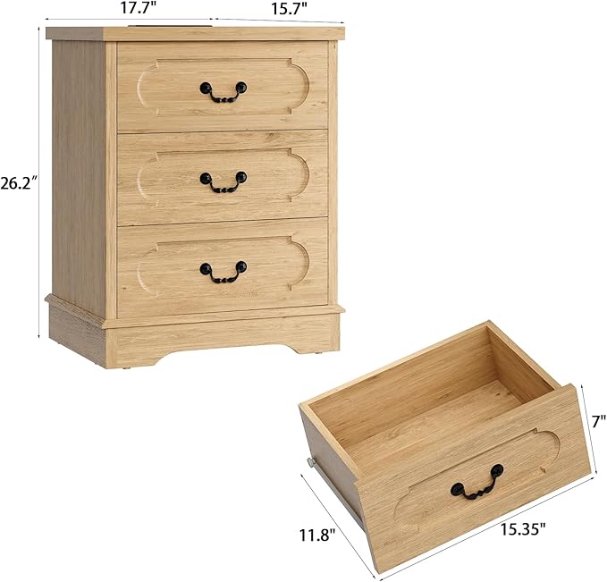LIDYUK 3 Drawer Dresser for Bedroom Farmhouse Natural Wood Chest of Drawers Bedroom Dresser with Charging Station, Rustic Small Drawers Dressers Nightstand Wooden Closet Storage Cabinet, Living Room