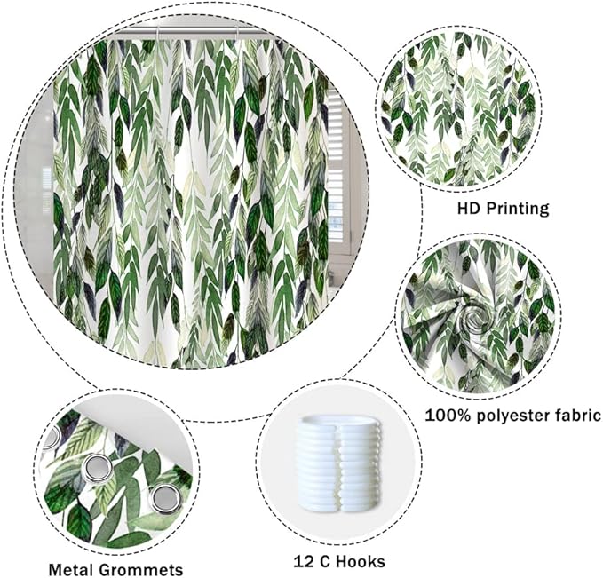 Tropical Leaves Shower Curtain Lush Green Plant Leaf Botanical Pattern Shower Curtain Set with 12 Hooks 72 x 84 inch Waterproof Fabric Polyester Nature Bathroom Decorative