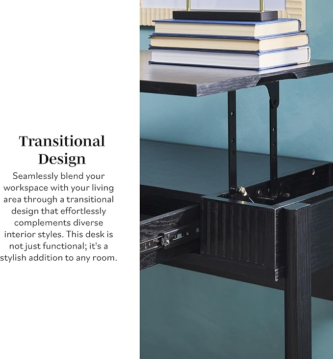 Walker Edison Transitional Style Furniture, Reeded Detail, Lift-Top Desk with Drawer and Storage Cubby, Sitting to Standing Desk, Soft Self-Close Desktop, 38 Inch, Black