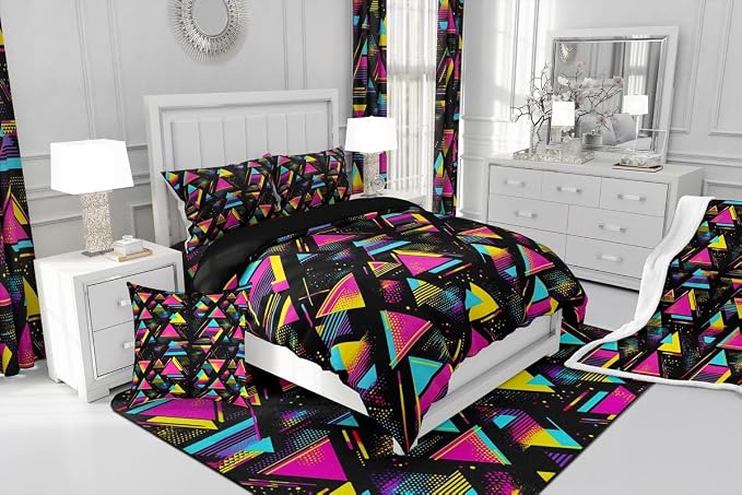 Retro 80s Style Bedding Set Queen,Abstract Geometric Pattern Duvet Cover Urban Modern Design With Circles And Triangle Comforter Cover Colorful Pop Art Inspired Pattern Quilt Cover For Boys Child