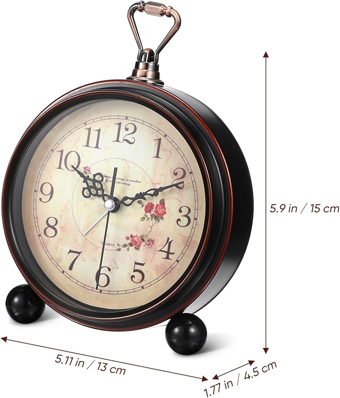 Veemoon Vintage Desk Alarm Clock - 8# Antique Silent Table Clock Decorative Quiet Non-Ticking Alarm - Retro European Style- for Kids, Office, Desk Bedside Shelf Decor, No Battery