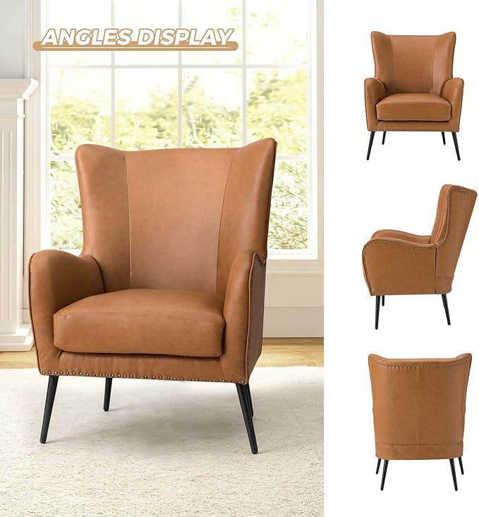 HULALA HOME Faux Leather Accent Chair with Removable Cushion, Comfy Upholstered Armchair with Black Metal Legs & Nailhead Trim Wingback Vanity Chair for Reading Living Room Bedroom, Camel