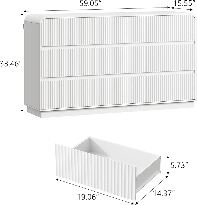 White Dresser Fluted 9 Drawers Dresser for Bedroom, 59" Wide Wood Chest of Drawers with Hidden Handles & Rounded Corners, Modern TV Stand Storage Cabinet for Living Room, Hallway, Entryway