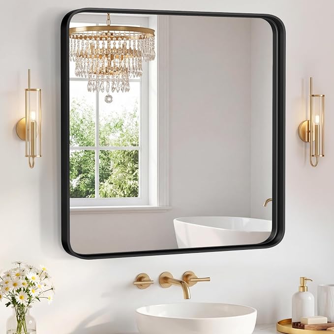 NEWBULIG 36X36 Inch Bathroom Mirror for Over Sink, Wall Vanity Mirrors Tempered Glass, Anti-Rust Metal Framed Rounded Rectangle, Hangs Horizontally or Vertically, Farmhouse Home Decor, Black