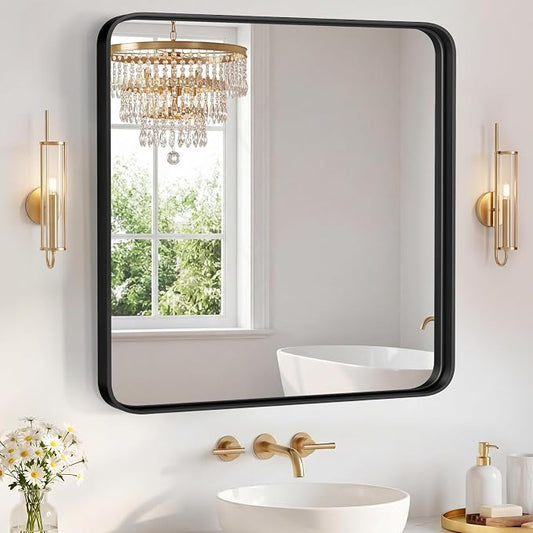 NEWBULIG 36X36 Inch Bathroom Mirror for Over Sink, Wall Vanity Mirrors Tempered Glass, Anti-Rust Metal Framed Rounded Rectangle, Hangs Horizontally or Vertically, Farmhouse Home Decor, Black