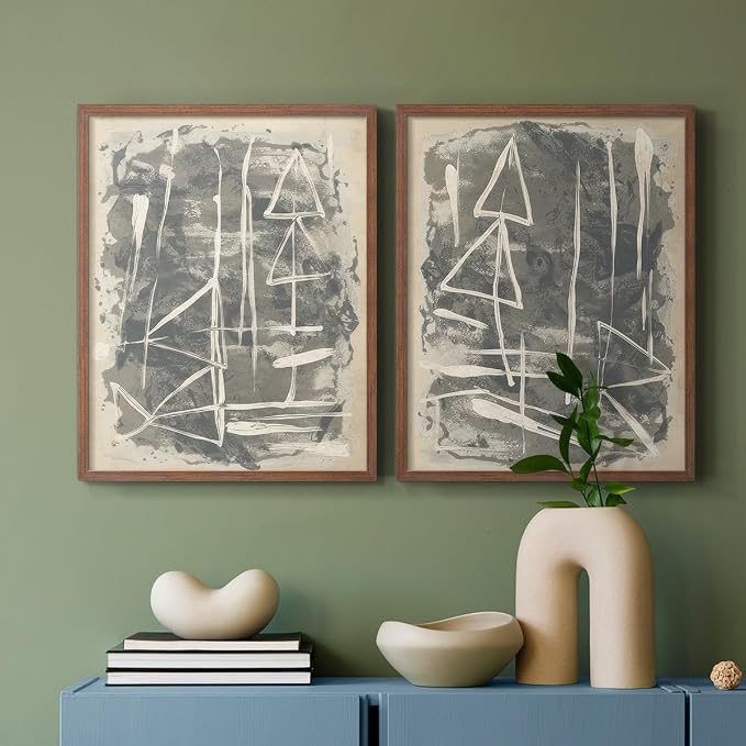 Renditions Gallery Set of 2 Peel & Stick Framed Prints, Trendy Abstract Wall Art, Textured Linework Striking Wall Decor, Re-Stickable - Ready to Hang - 16"x20" - Walnut Frame LT588
