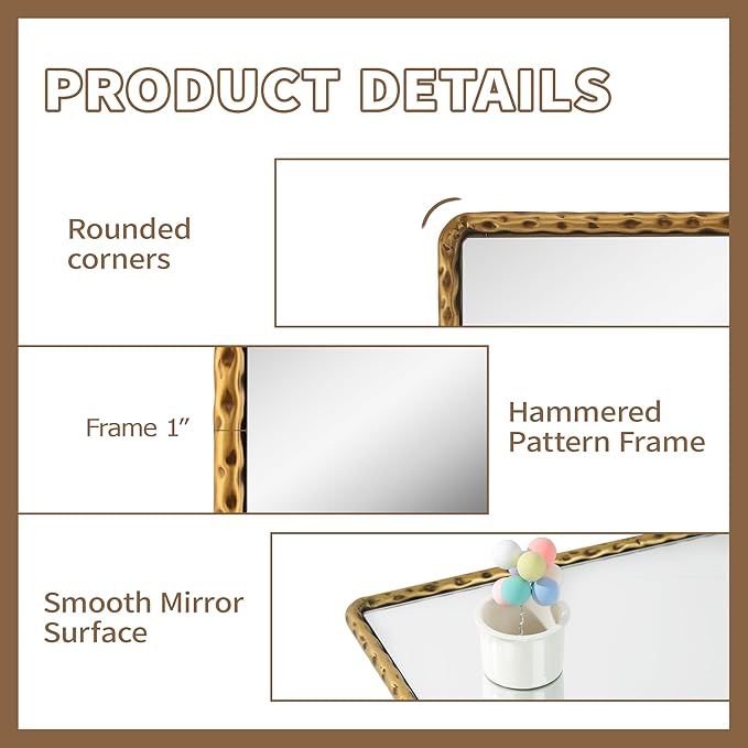 24"x36"Antique Gold Rounded Rectangle Bathroom Mirror, Hammered Metal Frame Wall Mirror, Vintage Decorative Gold Vanity Mirror for Bathroom Over Sink, Horizontal or Vertical Hanging