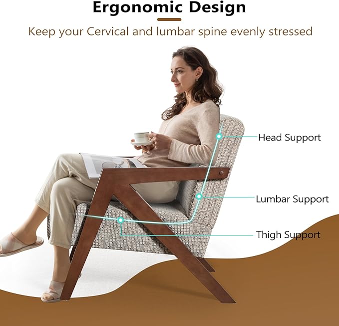 Bonzy Home Mid-Century Modern Accent Chair Set of 2 with Wood Frame, Upholstered Armchair for Bedroom & Living Room, Linen Fabric Cushion, Z-Shaped Armrest Design, Sturdy Lounge Chair